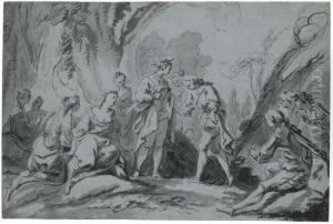 A Gentleman Approaches A Standing Man In A Landscape by Jean-Baptiste-Marie Pierre