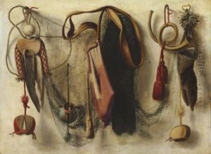 A Trompe L'oeil Of Hawking Equipment, Including A Glove, A Net, Andfalconry Hoods, Hanging On A Wall by Christopher Pierson