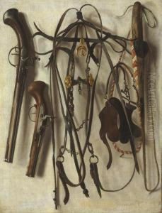 A Trompe L'oeil Of Hunting Equipment, Including A Bridle, Pistols,whip, And Spurs, Hanging On A Wall by Christopher Pierson