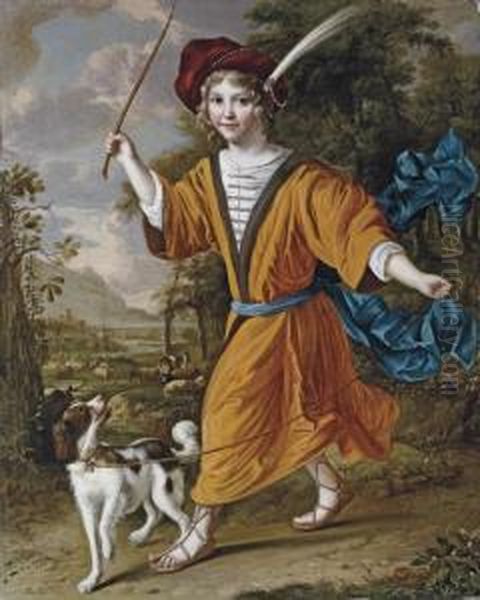 Portrait Of A Boy, Full-length, In Costume, With A Dog In A Landscape - view 1