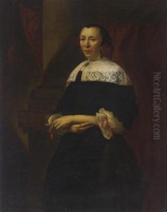 A Portrait Of A Lady, Standing Three-quarter Length, Wearing A Black Dress With A White Lace Collar And Lace Cuffs With Red Ribbons by Christopher Pierson