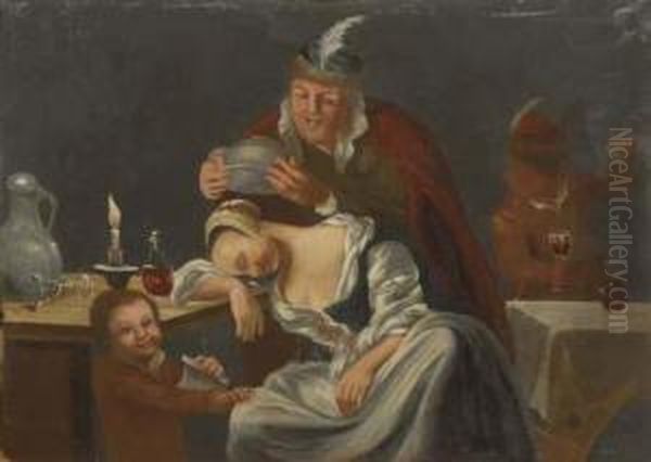 A Tavern Scene With A Man Teasing A Sleeping Woman - view 1