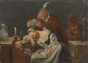 A Tavern Scene With A Man Teasing A Sleeping Woman by Christopher Pierson