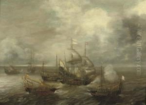 A Naval Engagement Between A Galleon And Frigates