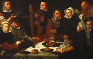 Numerous Figures Gathered Around A Table With A Gentleman Playing The Harp by Pieter Pietersz