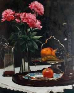 Still Life Of Flowers, Fruit And Claret by Harold Piffard