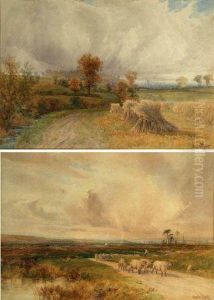 Harvest Field; And Sheep In A Country Lane by Charles Pigott
