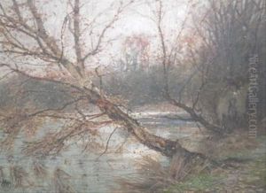 Silver Birch In A River Landscape by Sidney Pike