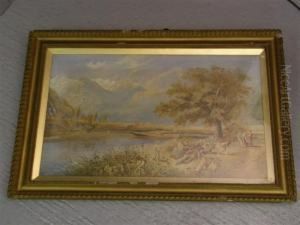 Landscape With Figures By A Lake And Mountains Beyond by William Henry Pike
