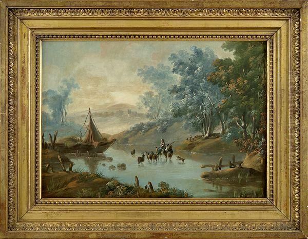 Paysage Italien, Bergers Et Riviere - view 1