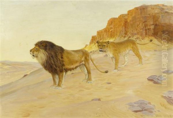 Pair Of Lions In The Desert Before Red Cliffs - view 1