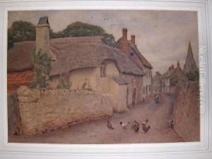 Country Lane With Thatched Cottages Andchickens by Wilmot Clifford Pilsbury