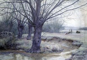 Cattle And Trees Beside A Stream by Wilmot Clifford Pilsbury