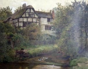 Boy And Ducks With Cottage Beyond