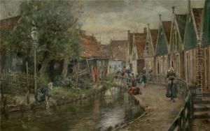 Belebter, Hollandischer Kanallauf Mit Frauen Und Spielenden Kindern by Otto Piltz