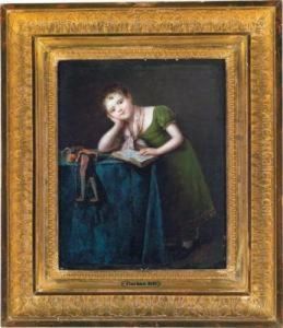 Una Giovane Fanciulla Con Un Libro E Un Pupazzo Di Arlecchino by Jean Antoine Pinchon