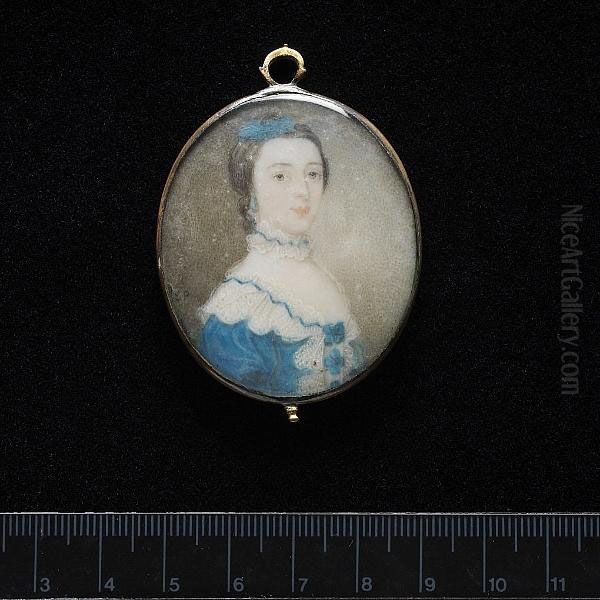 A Lady, Wearing Blue Dress With White Lace Collar And Trim Threaded With Blue Ribbon, Blue Rosettes On Her Bodice, Lace Choker Threaded With Blue Ribbon, Pendent Blue Earring And Blue Feather In Her Hair. - view 1