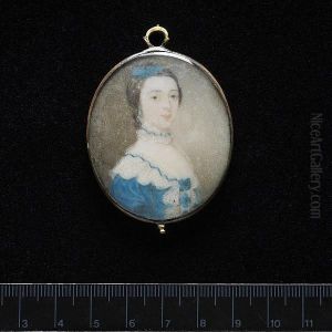 A Lady, Wearing Blue Dress With White Lace Collar And Trim Threaded With Blue Ribbon, Blue Rosettes On Her Bodice, Lace Choker Threaded With Blue Ribbon, Pendent Blue Earring And Blue Feather In Her Hair.