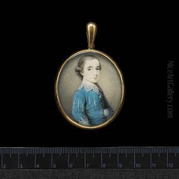 A Young Boy, Half-length, Wearing Pale Blue Doublet Slashed To Reveal White, White Lace Van Dyck Collar Tied With Tasselled Cord And White Lace Cuffs, His Left Hand Tucked Inside His Jacket. - view 1