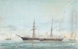 The Spanish Paddle Gunboat Lepanto At Anchor by Jose Pineda Guerra