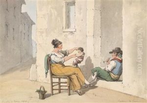 Italienische Gasse Mit Einer Familie Vor Dem Haus by Bartolomeo Pinelli