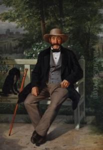 Portrait Of A Man And Dog On A Garden Bench by Charles Pinet