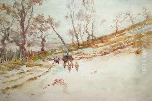 Cart And Horses In A Winter Woodland Landscape by George John Pinwell