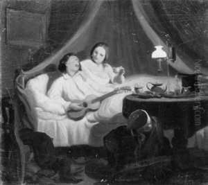 Unterhaltung Im Bett. Monogrammiert Und Datiert Mitte Rechts: Mp.50. Ol Auf Leinwand, Auf Spanplatte Aufgezogen. H 19; B 21 Cm.