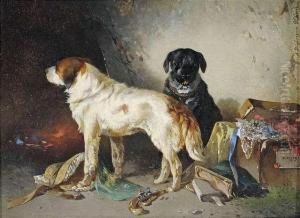 Two Dogs Playing With Clothes by Carl Pischinger