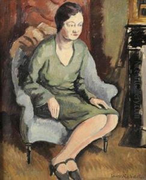 Jeune Femme A La Robe Verte Assise Pres D'une Cheminee. - view 1