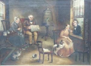 A Family Group In An Interior With Spaniel by P. Pitcher