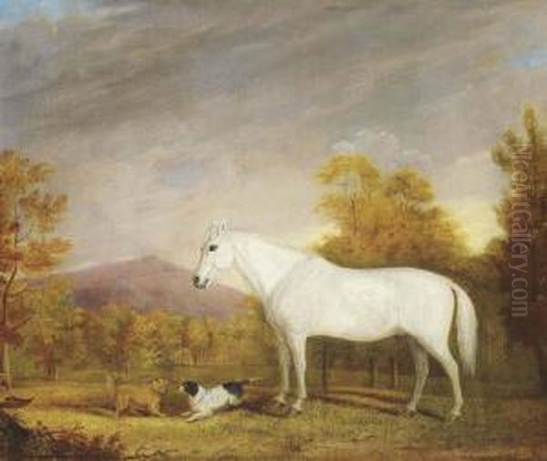 A White Hunter And Two Terriers In A Landscape - view 1
