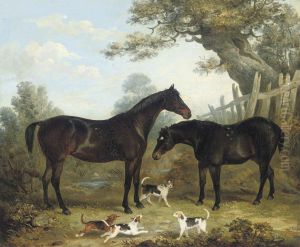 Two Chestnut Hunters, With Puppies Playing In The Foreground