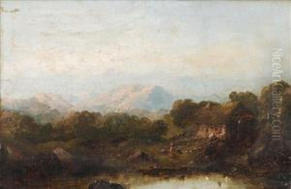 A Girl And A Dog Outside A Cottage - view 1