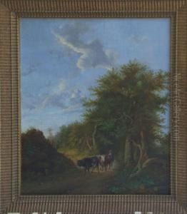 Paesaggio Con Mucche E Contadino by Carlo Pittara