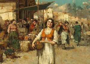 A Market Scene With A Woman Holding A Basket In The Foreground; Also A Companion Painting (a Pair)