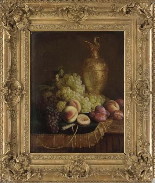 Grapes, Peaches, Plums And An Ornamental Bronze Ewer On A Draped Ledge - view 1