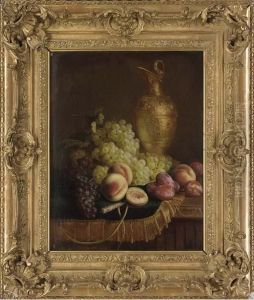 Grapes, Peaches, Plums And An Ornamental Bronze Ewer On A Draped Ledge by C. J. Pizzetta