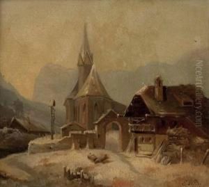 Winterliches Dorf Mit Kirche In Derramsau by Monogrammist Pl Or Dl