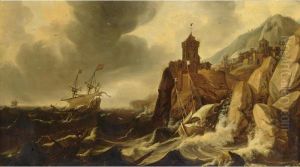 A Rocky Coast With Ships And Shipwrecking In Stormy Weather, With A Fortified Town On A Cliff