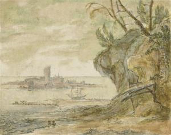 A Three-master At Anchor With An Island Beyond - view 1