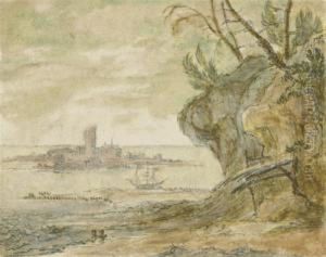 A Three-master At Anchor With An Island Beyond by Francis Place