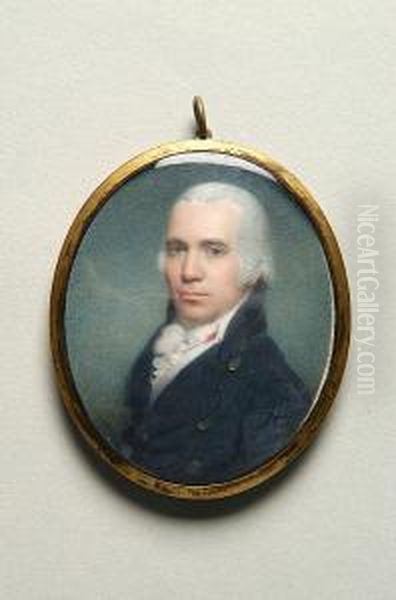 A Portrait Of A Young Gentleman With Powdered Hair And Grey Eyes, Wearing A White Tied Stock, Red-trimmed Waistcoat And Blue Coat, Against A Sea Green Ground - view 1