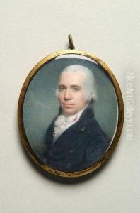 A Portrait Of A Young Gentleman With Powdered Hair And Grey Eyes, Wearing A White Tied Stock, Red-trimmed Waistcoat And Blue Coat, Against A Sea Green Ground A Portrait Of A Young Gentleman With Powdered Hair And Grey Eyes, Wearing A White Tied Stock, Red-trimmed Waistcoat And Blue Coat, Against A Sea Green Ground