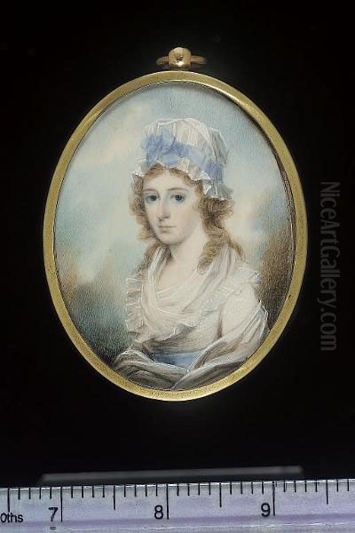A Lady, Wearing White Dress With Fichu And Blue Waistband, White Shawl And White Mob Cap With Blue Ribbon Decoration - view 1