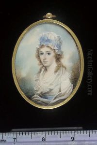 A Lady, Wearing White Dress With Fichu And Blue Waistband, White Shawl And White Mob Cap With Blue Ribbon Decoration by George Place