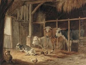 Cows And Goats In A Stable by Pieter Plas