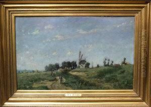 Country Landscape With Windmill And Figures Strolling Along A Path by Eugene Plasky