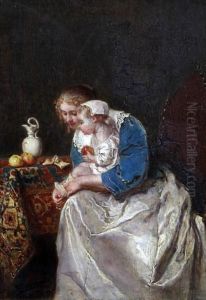 Mother And Child Seated By A Table by Antoine Emile Plassan