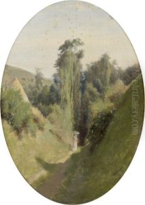 Une Jeune Femme A L'ombrelle Sur Un Chemin by Antoine Emile Plassan